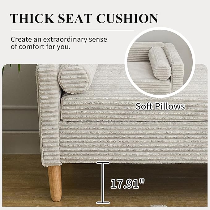 NIOIIKIT 65" Large Storage Ottoman Bench with 2 Pillows, Corduroy Upholstered Entryway Bench with Wood Leg, End of Bed Bench with Straight Armrest, Window Bench for Bedroom, Entryway (Light Grey)