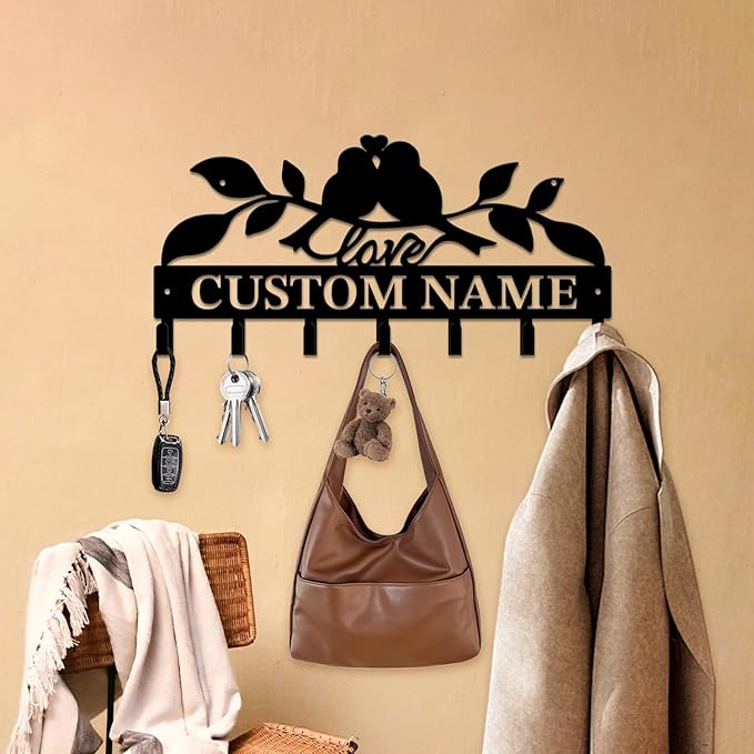 Personalized Custom Name Birds of Trees Wall Key Hooks,Metal Birds of Trees Art Clothes Hooks,Metal Birds of Trees Wall Home Storage Decorative,For Front Door, Hallway, Kitchen, Bedroom(Style E)