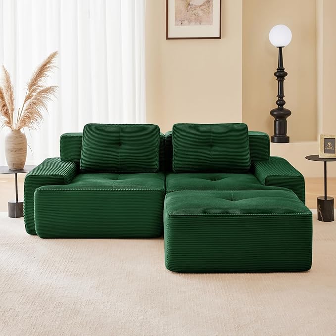 80" Modern Compressed Boneless Love Seat Couches with 1 Ottoman, 2 Seater Large Sectional Couches for Living Room, Green Corduroy Cloud Modular Sectional Sofa, Memory Foam, Deep Loveseat, No Assembly