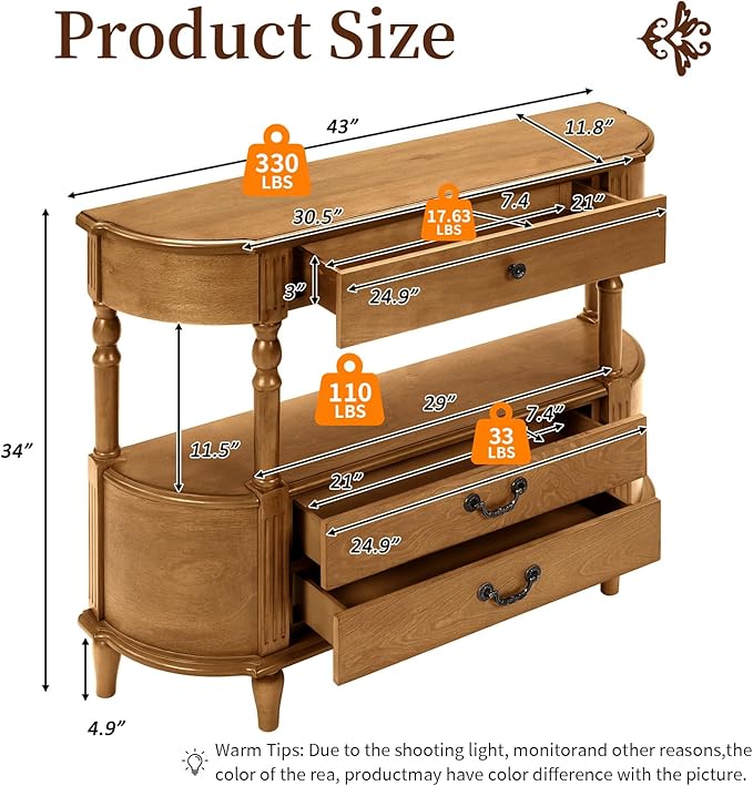 HMFULE Retro Curved Console Table, 43" Solid Wood Half Moon Console Table Entryway Table Sofa Table with Open Shelf Curved Corners 3 Drawers Pine Roman Legs for Living Room,Hallway,Entryway,Brown