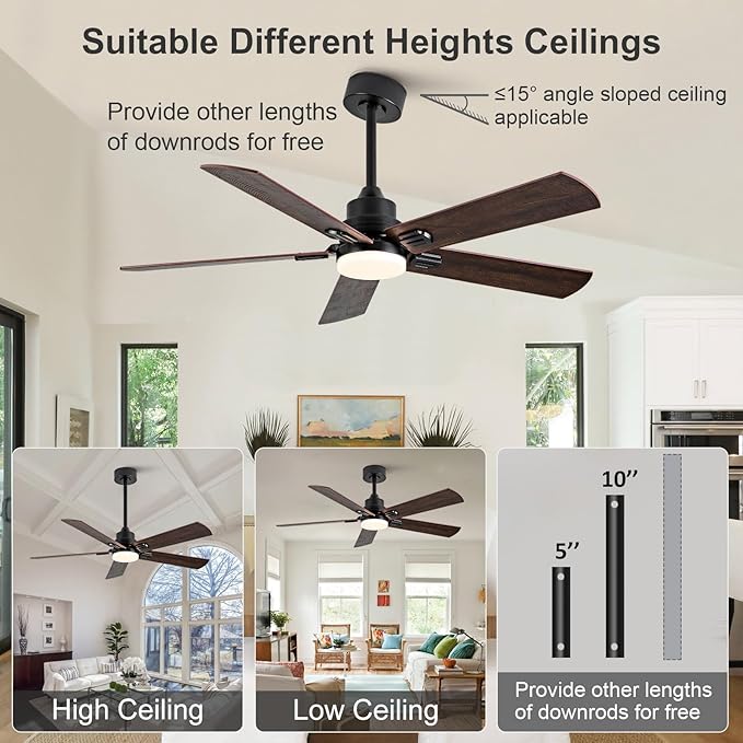 42 Inch Black Outdoor Ceiling Fans with Lights and Remote, Dimmable 5 Blade Outdoor Ceiling Fans for Patios, Black Ceiling Fan with Light for Bedroom Indoor Living Room