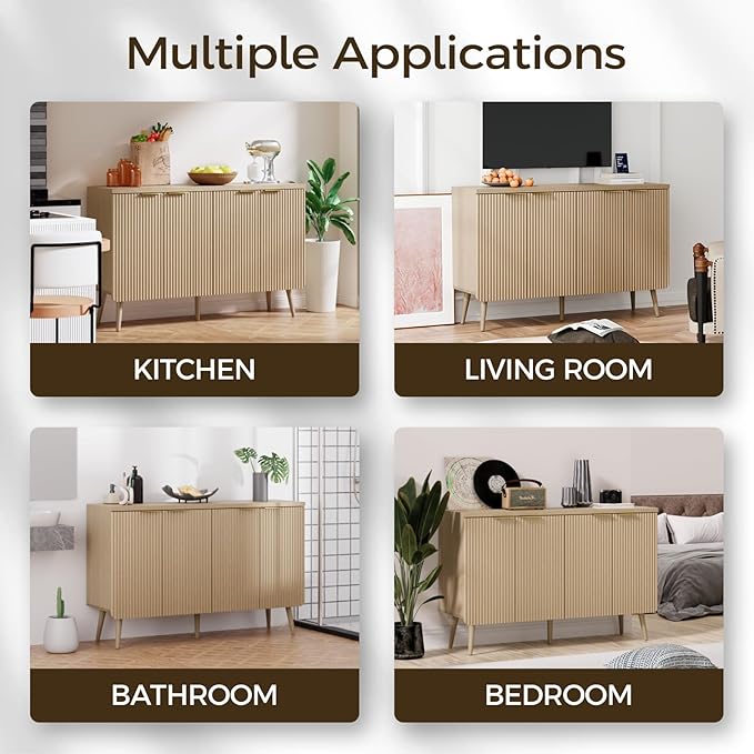 4-Door Fluted Sideboard Buffet Cabinet, 47" Large Storage Cabinet with Shleves, Wood Modern Accent Credenza Kitchen Table for Dining Room, Living Room & Entryway, Oak