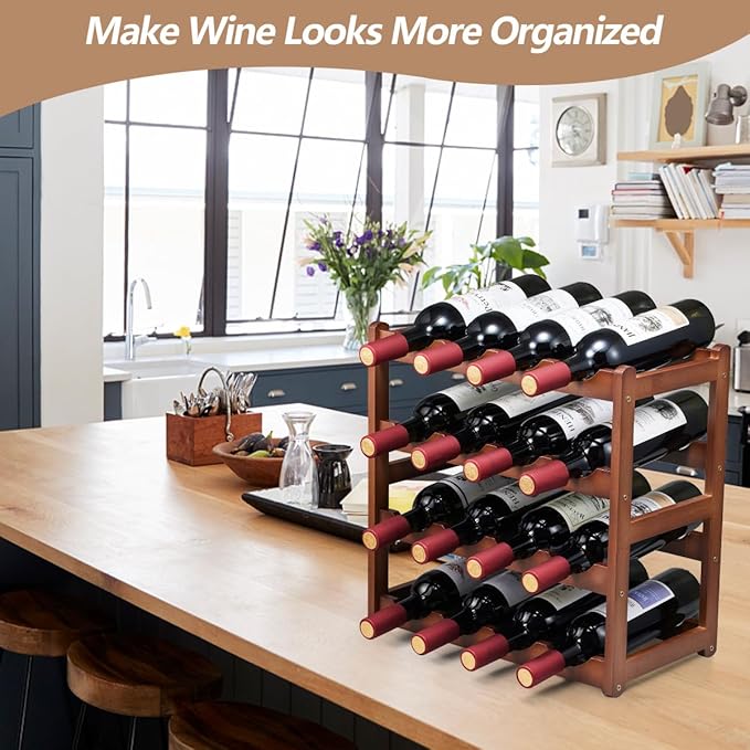 Bamboo Wine Rack,4 Tier, Wine Bottle Holder, Hold 16 Bottles for Home Kitchen, Dinging Room, Pantry, Cabinet, Bar