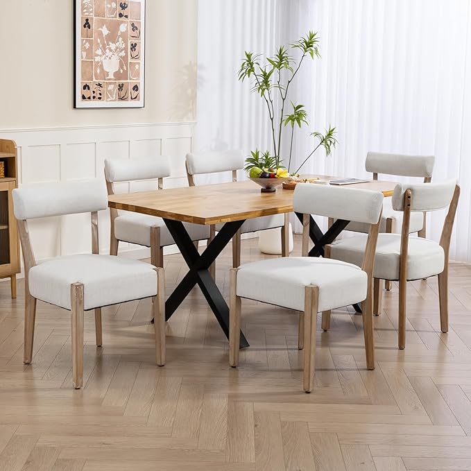 Dining Chairs Set of 6,Mid Century Modern Dining Chair Set - Linen Upholstered Low Back Kitchen & Dining Room Chairs with Woven Design,Beige Fabric