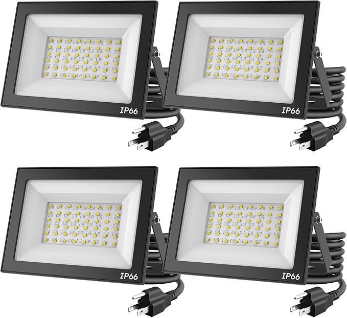 4-Pack 50W LED Flood Lights Outdoor – 9000 Lumens Super Bright Security Lighting, IP66 Waterproof, 5000K Daylight – Energy-Efficient Outdoor Lights for Garage, Garden, Lawn, Backyard