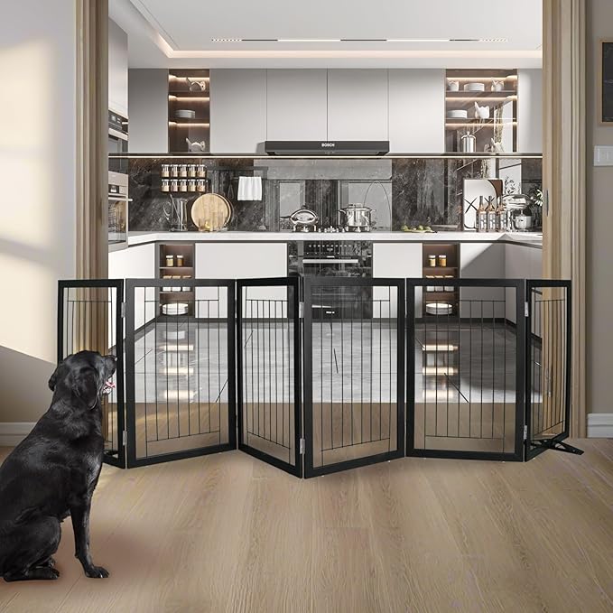 ZJSF Freestanding Dog Gate Indoor, Foldable Dog Fence for Doorways,Hallways or Stairs, Sturdy Wood Extra Wide Pet Gate with Support Feet,Black,32 "Height-6 Panels