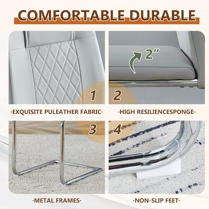 63'' Glass Dining Table Set for 6, Kitchen Table Chairs Set of 6, Clear Glass Dining Table with Black unique design Leg and Silver Metal Base, 6 PU Dining Chairs with Metal Legs, Living Room, Kitchen.