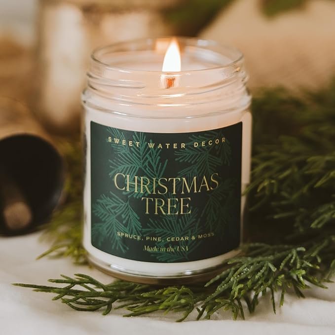 Sweet Water Decor Christmas Tree Candle - Spruce, Pine Needles and Evergreen Candles Scented Soy Candles for Home - Christmas Candle Gold Foil Pattern 9oz Clear Jar, 40 Hour Burn Time, Made in the USA