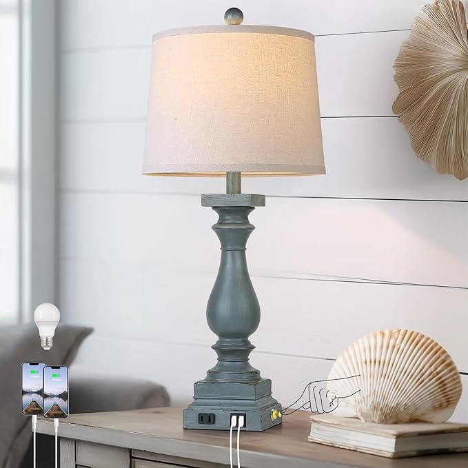 28" Tall Farmhouse Table Lamp with USB C+A Ports and AC Outlet, 3 Way Touch Control Rustic Bedside Lamp for Bedroom, Blue Vintage Nightstand Lamp for Living Room Office