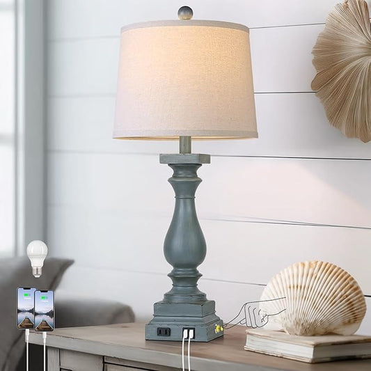28" Tall Farmhouse Table Lamp with USB C+A Ports and AC Outlet, 3 Way Touch Control Rustic Bedside Lamp for Bedroom, Blue Vintage Nightstand Lamp for Living Room Office