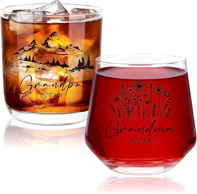 Ithmahco First Time Grandparents Christmas Gifts 2026, Grandma Wine Glass And Grandpa Whiskey Glass Set, Pregnancy Announcement Gifts For Grandparent, Promoted To Grandparents Christmas Gift