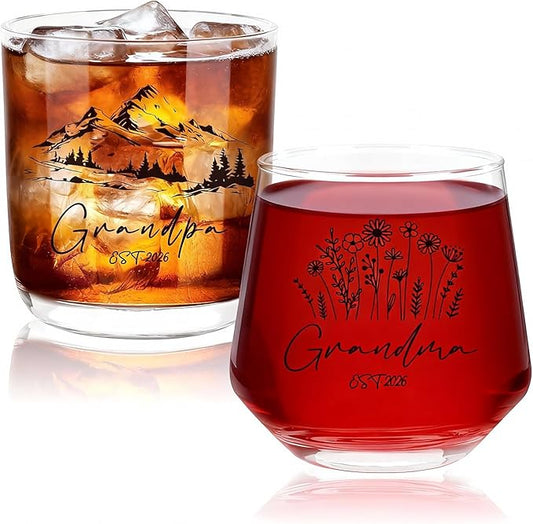 Ithmahco First Time Grandparents Christmas Gifts 2026, Grandma Wine Glass And Grandpa Whiskey Glass Set, Pregnancy Announcement Gifts For Grandparent, Promoted To Grandparents Christmas Gift