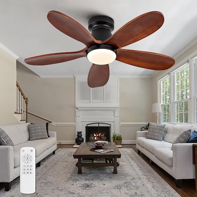 36 Inch Flush Mount Ceiling Fans with Lights and Remote, Dimmable, Wall Switch, 5 Blades Wood Ceiling Fan with Light, Low Profile Outdoor Indoor Modern Ceiling Fan for Bedroom Patio (Black Walnut)