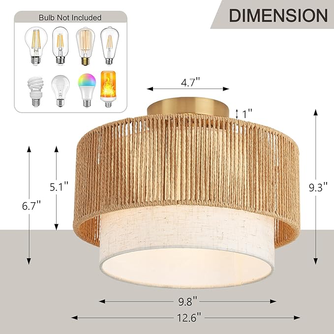 12.6" Drum Flush Mount Ceiling Light Hallway Light Fixtures with Rattan Shade,1-Light Semi Flush Light Fixture Ceiling Mount for Kitchen, Bedroom, Bathroom, Living Room