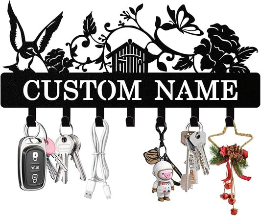 Personalized Key Holder Wall Mount, Custom Metal Bird Butterfly Keys Holder for Wall with Name, Wall Key Hanger Rack with Hooks for Entryway, Front Door, Living Room, Kitchen, Bathroom, Garden