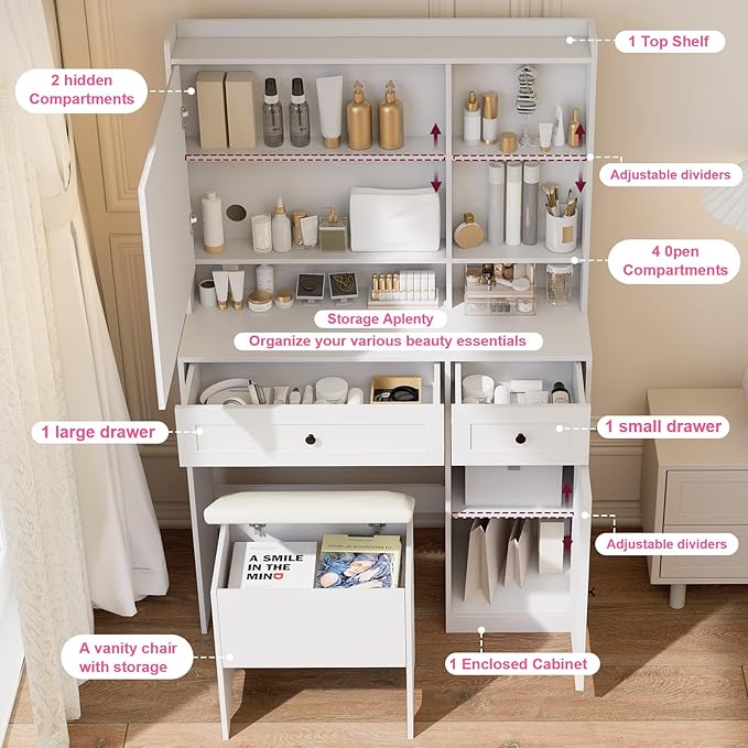 Vanity Table with Hidden Storage & LED Mirror - Includes Padded Stool, 5 Compartments, 2 Drawers & 1 Storage Cabinet - Ideal Bedroom Makeup Dressing Table White