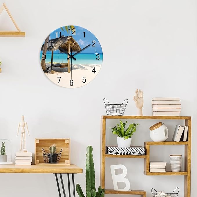 XFM Tropical Beach Wall Clock 12 Inch Silent Coastal Wall Clocks Battery Operated Blue Analog Wall Clock for Living Room Bedroom Office Decor