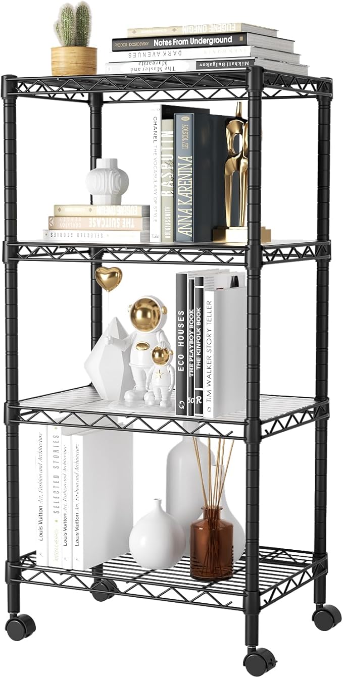 SINGAYE 4 Small Shelves Storage Shelf Wire Shelving Unit Metal Shelf Adjustable Organizers Storage Shelving with Wheels for Bathroom Laundry Room Kitchen Pantry12”D x 18”W x 45”H Black