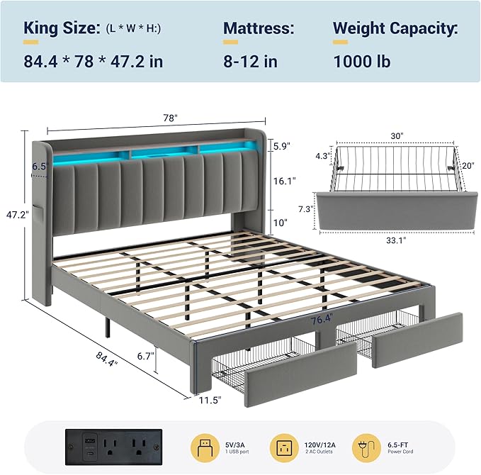 Allewie Velvet Vertical Tufted King Size Upholstered Platform Bed Frame with 2-Tier LED Storage Headboard & 2 Storage Drawers, USB & Type-C Charging Ports, Noise-Free/No Box Spring Needed, Grey