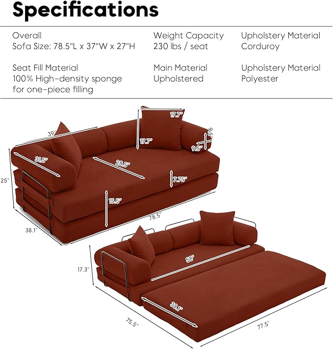 Convertible Sleeper Sofa Bed with Cylindrical Pillow, Corduroy Folding Boneless Couch with Fixed-Shape Frame, Floor Sofa Lounge Couch for Living Room Bedroom Lounge Studio-Ancora Red