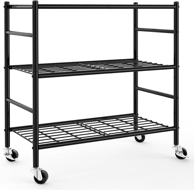 Storage Shelves Organizer - 3 Tier Metal Shelf Organizer with Metal Wheels and Adjustable Leveling Feet, Heavy Duty Garage Shelving for Kitchen, Pantry and Closet, 33.1"x12.6"x32.5", Black