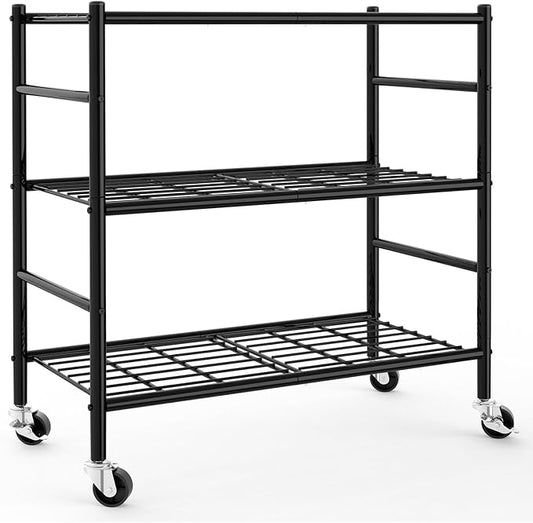 Storage Shelves Organizer - 3 Tier Metal Shelf Organizer with Metal Wheels and Adjustable Leveling Feet, Heavy Duty Garage Shelving for Kitchen, Pantry and Closet, 33.1"x12.6"x32.5", Black