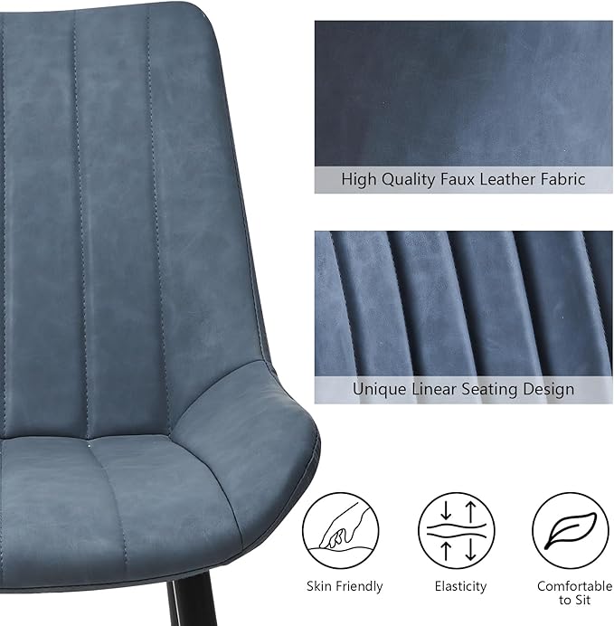 Dining Chairs Set of 4, Faux Leather Modern Linear Design Dining Chair with Metal Legs, 16.9" Seat Width Chair for Kitchen, Lounge, Reception Room, Restaurant, Commercial (Haze Blue)