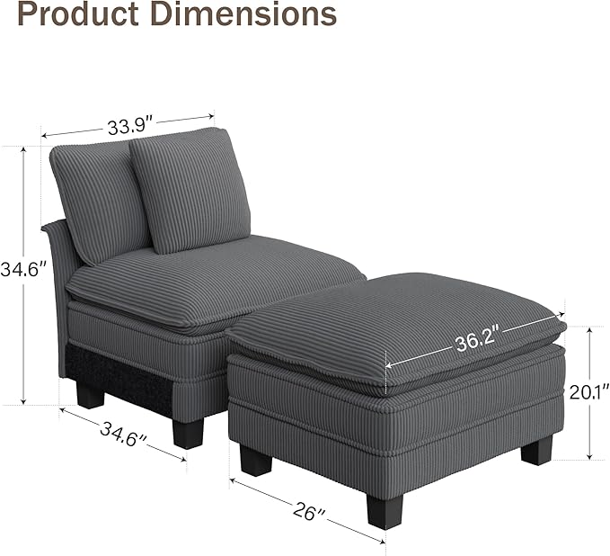 PHI VILLA Indoor Lounge Sofa Chair, One-Person Oversized Sectional Sofa with Ottoman, Single Chaise with Upholstered Deep Seat for Bedroom Reading, Corduroy Fabric, Grey