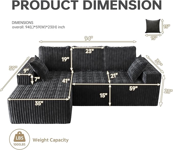 94" Cloud Sectional Couch with L-Shape Chaise,4 Seat Modern Modular Sofa with Side Pockets,Upholstered Couches for Living Room Bedroom, Boneless Couch,No Assembly Required