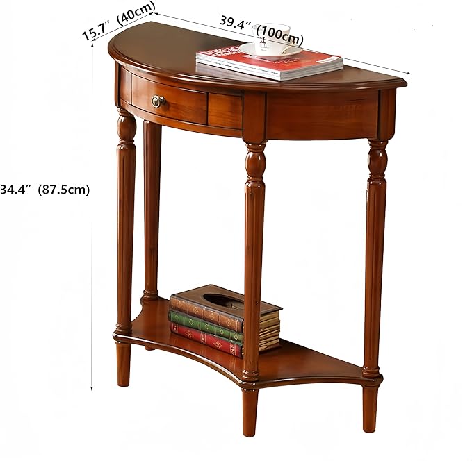 Solid Wood Console Table with Drawer, Semi-Circle Entryway Storage Shelf, Half-Moon Porch Table Side Elegant Vintage Sofa for Living Room (39.4" L x 15.7" W x 34.4" H)