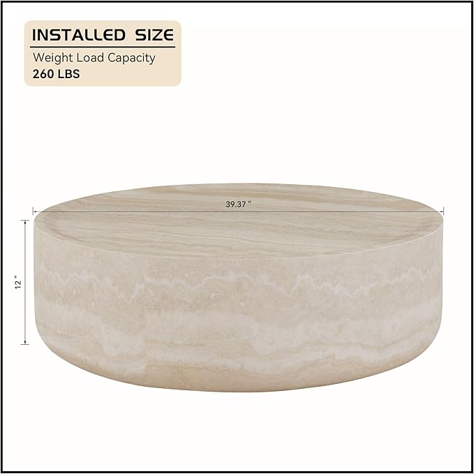 Round Coffee Table 39.37'' Marble Pattern Drum Shaped Coffee Table Fiberglass Cocktail Table Center Table for Living Room ome Office, Fully Assembled, White