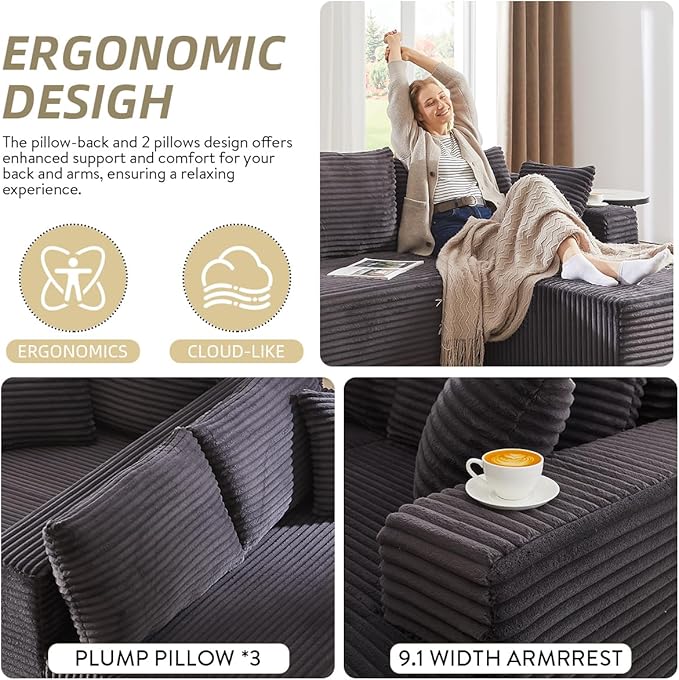 104 Inch Cloud Sectional Couch with L-Shape Chaise,Modern Upholstered Couches with Deep Seat,Corduroy Sponge Compressed Sofa for Living Room, Bedroom,No Assembly Required (Dark Grey)