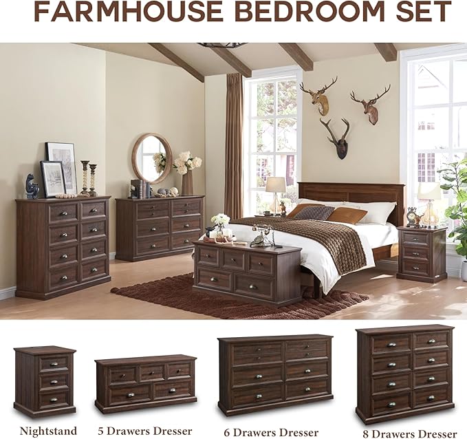 Farmhouse 5 Drawers Dresser for Bedroom, 45" Wide Chest of Drawers, 21" Tall Storage Closet Bench Storage Chest Storage Trunk, Wood Rustic Dresser for Closet, Living Room, Hallway, Brown