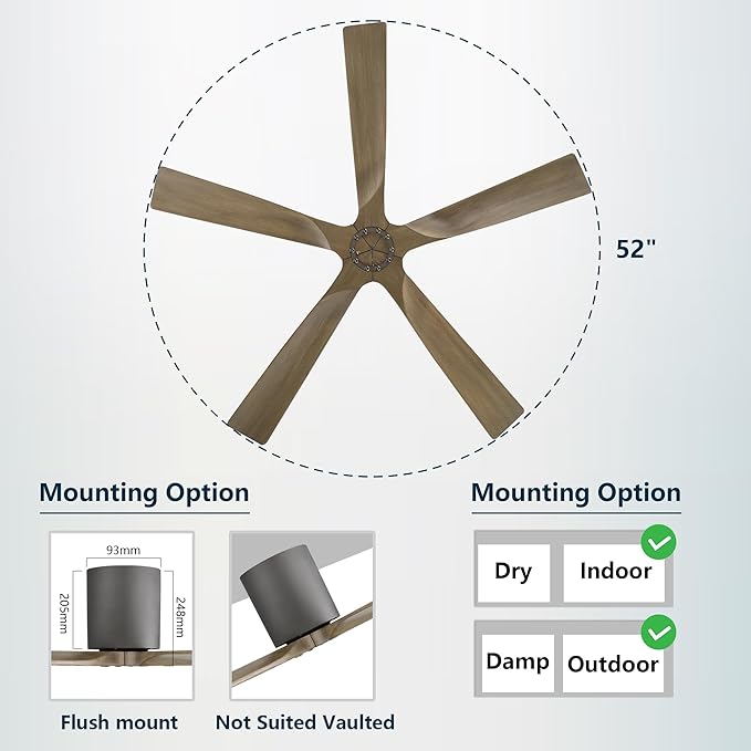 ELEHINSER 52 inch Low Profile Ceiling Fan without Light, 5 Solid Wood Blades, 6-Speed, Quiet DC Motor, Timer, Flush Mount Modern Ceiling Fan No Light with Remote for Living Room Bedroom, Charcoal Grey