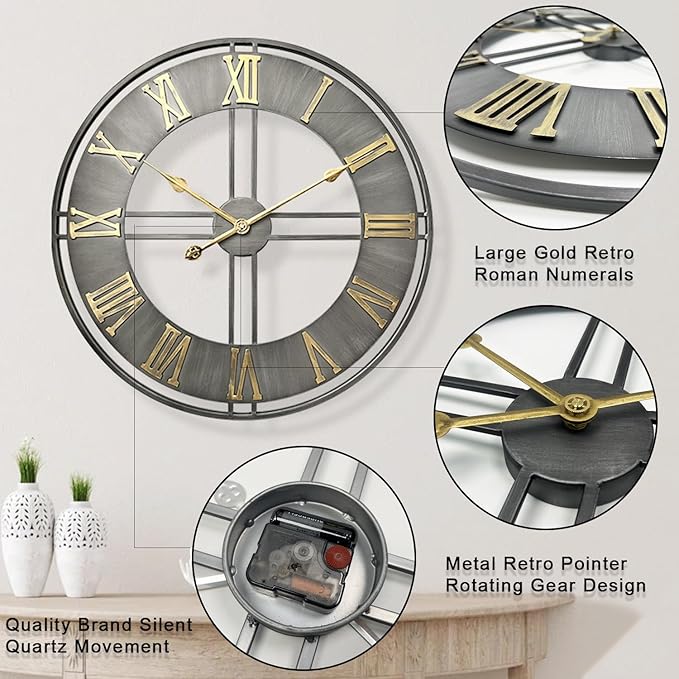 Large Wall Clock,20inch Metal Wall Clocks,Quality Quartz Movement Roman Numerals Clock for Living Room Bedroom Kitchen Decor,Silent Oversize Clock Battery Powered