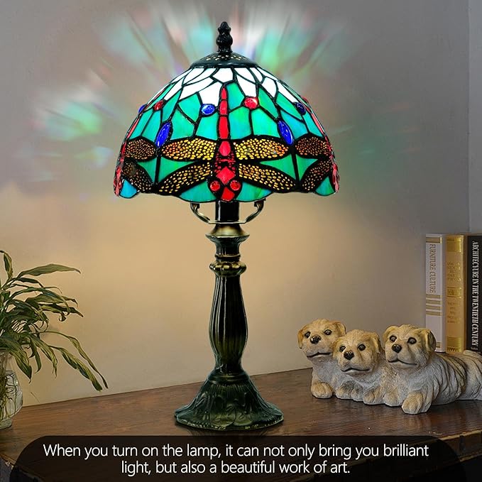Exquisite Dragonfly Tiffany Style Table Lamp,Handcrafted Stained Glass Lamps for Bedroom, Living Room Decor,8-Inch Small Tiffany Lamp with LED Bulb.