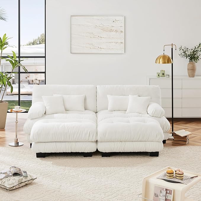 94.4" Loveseat Sofa, 2 Seater Modular Sectional Sofa, White Large Sectional Couches, Fluffy Chenille Cloud Couch with Ottoman, Deep Seat for Living Room, U Shaped