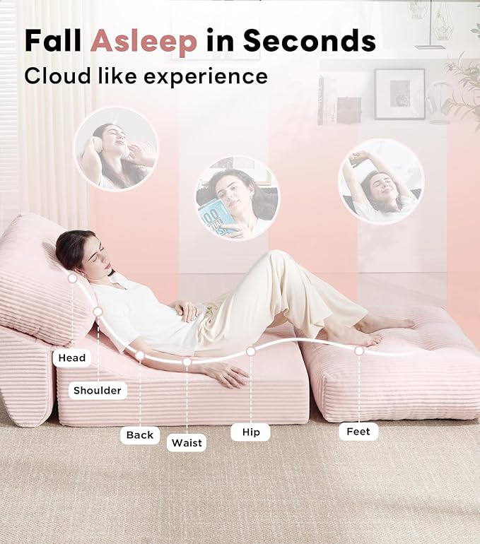Tbfit Folding Sofa Bed, Convertible Sleeper Chair with Large Pillow, Corduroy Folding Couch Bed, Portable & Foldable Mattress Boneless Floor Sofa for Living Room, Bedroom, Office, Pink, Single