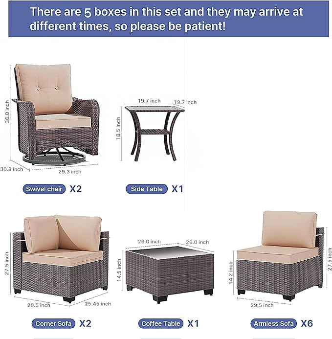 Gotland 12 Pieces Patio Furniture Set with Swivel Chair, PE Rattan Outdoor Furniture with 29.5'' High Backrest 4’’ Thick Cushions Coffee Table, Patio Set for Porch, Deck, Backyard, Khaki