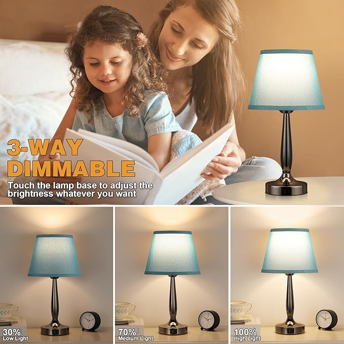 Touch Bedside Lamp for Bedroom with USB C Port, Small Touch Table Lamp with 2 USB Charging Ports, 3 Way Dimmable Nightstand Lamp for Living Room and Office - Turquoise Blue (LED Bulb Included)