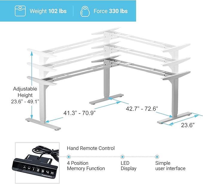 Progressive Automations Standing Desk Corner Frame. Adjustable Height and Width Legs with Triple Electric Motors for Home Office L Shaped Desk FLT-05 White
