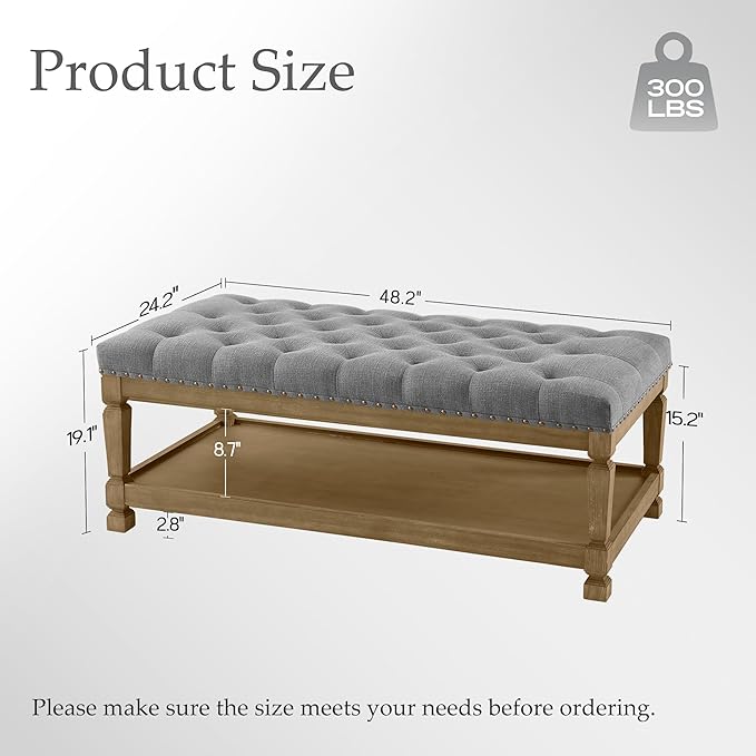 48" Ottoman Coffee Table with Storage, Rectangle Coffee Tables for Living Room, Fabric Tufted Ottomans, Upholstered Storage Ottoman Bench for Bedroom, Entryway (Grey)