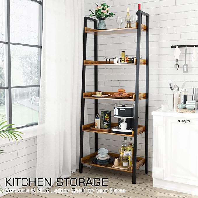 ASTARTH Ladder Shelf-5 Tier Bookshelves w/Open Shelf for Storage, Industrial Bookshelf & Tall Ladder Shelf-Metal Frame for Bedroom, Living Room, Kitchen-67.3'' H, Easy Assembly, Rustic Brown (HD021)