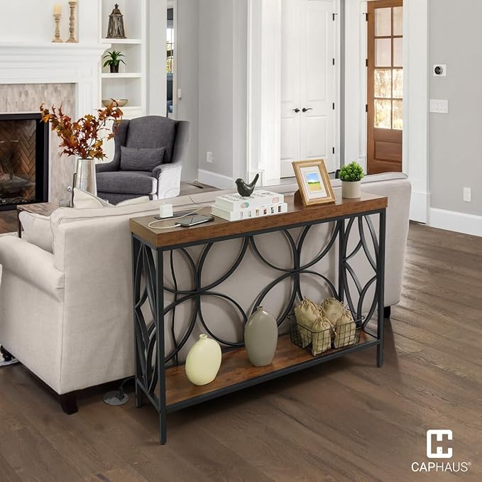 CAPHAUS 41” 2-Tier Industrial Sofa Console Thick Table w/Storage & Charging Station, Entrance Tableau w/ 2 Outlets, USB & Type-C Ports for Entryway, Living Room, Hallway, Foyer, Rustic, Butterfly