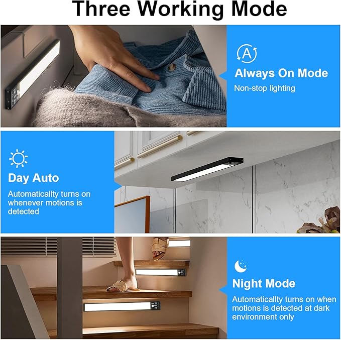 YELKO Under Cabine t Lights,12inch Rechargeable Motion Sensor Closet Light, 3200mAh Battery Operated Nightlights, Cordless Dimmable Motion Activated LED Lamp for Kitchen Wardrobe Cupboard