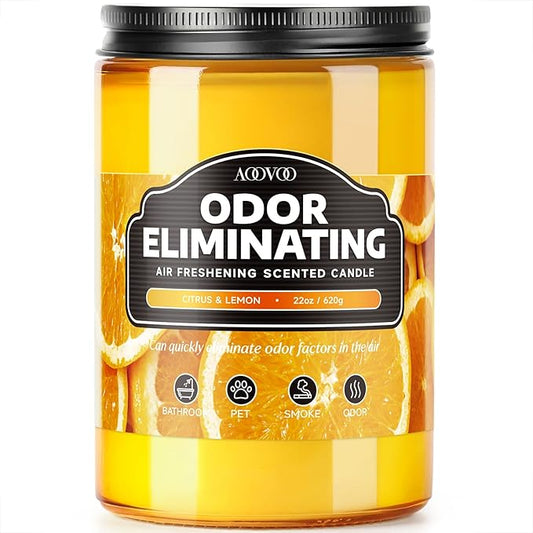AOOVOO Citrus Lemon Large Odor Eliminating Highly Fragranced Candle - Eliminates 95% of Pet, Smoke, Food, and Other Smells Quickly, Air Freshing Soy Candle, 22 oz Up to 110 Hours Burn time