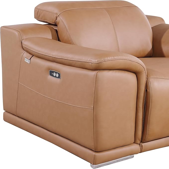 Blackjack Furniture Venice Top Grain Italian Leather Power Recliner Chair with Adjustable Headrest Modern Luxury Seating for Living Room Lounge, Cognac