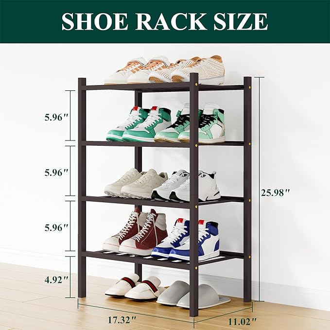 Smiry Shoe Rack, 4 Tier Small Bamboo Shoe Organizer, Stackable Free Standing Wooden Shoe Storage Shelf for Closet, Entryway, Front Door Entrance, Brown