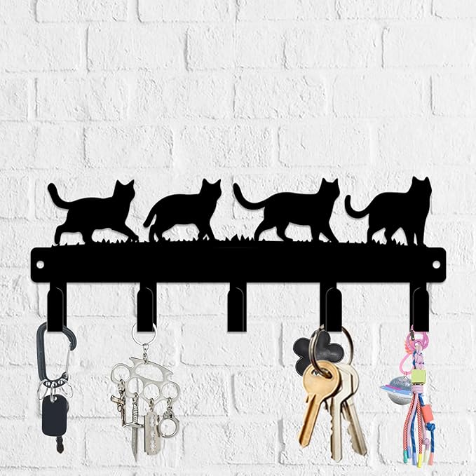magilab Cat-Themed 10-Inch Iron Key Hooks with 5 Hooks, Black Wall Organizer - Cute Cat Design for Home Decor, No Drill & Screw-in Options (Style B)