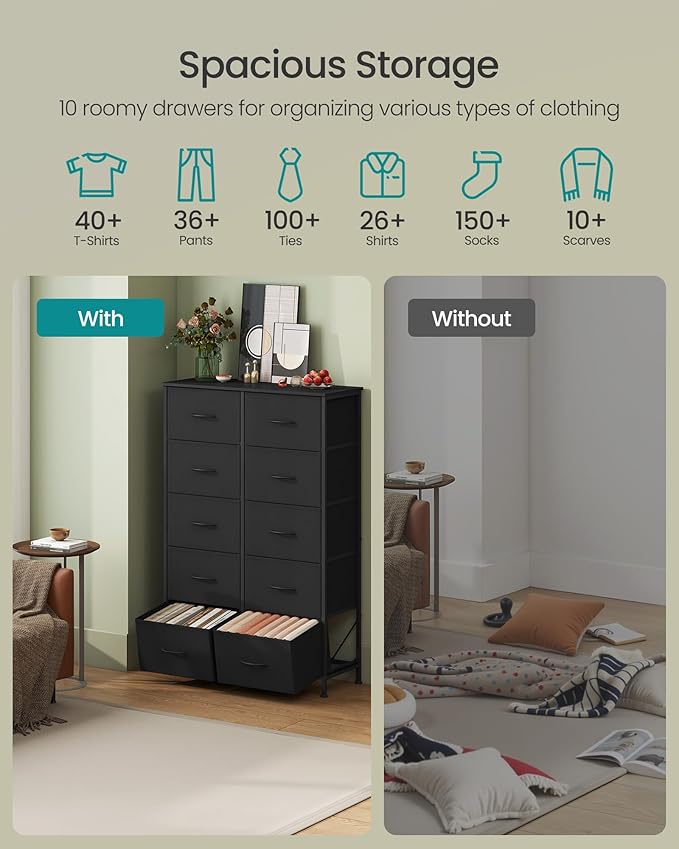 SONGMICS Dresser for Bedroom, Chest of Drawers, Steel, MDF, 10 Non-Woven Fabric Drawers, Storage Organizer Unit, Closet, Entryway, Rustic Brown and Ink Black ULGS125B01S